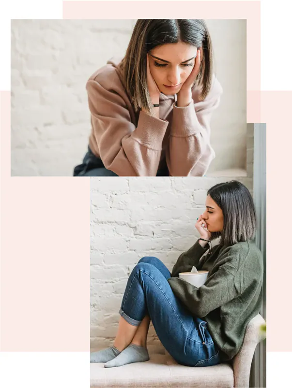 Image of a woman looking down, feeling overwhelmed. Life coaching can be an effective means of breaking through stress and overwhelm and re-balancing your life and work commitments.