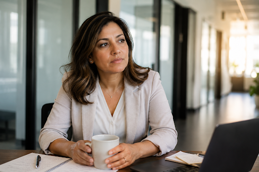 A professional woman sitting alone after a meeting, appearing composed but visibly depleted